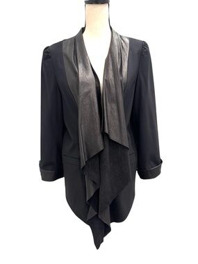 ALICE + OLIVIA BLACK LEATHER & WOOL DRAPED OPEN FRONT ASYMMETRICAL HEM JACKET